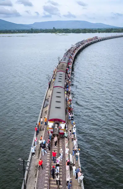 Photo of Aerial view of the floating train in Pasak Chonlasit Dam, Lopburi, Thailand