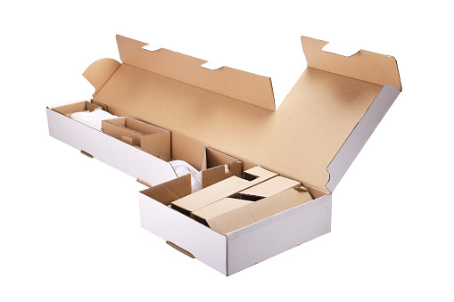 Recycling cardboard box on a white background. Non-standard packaging.