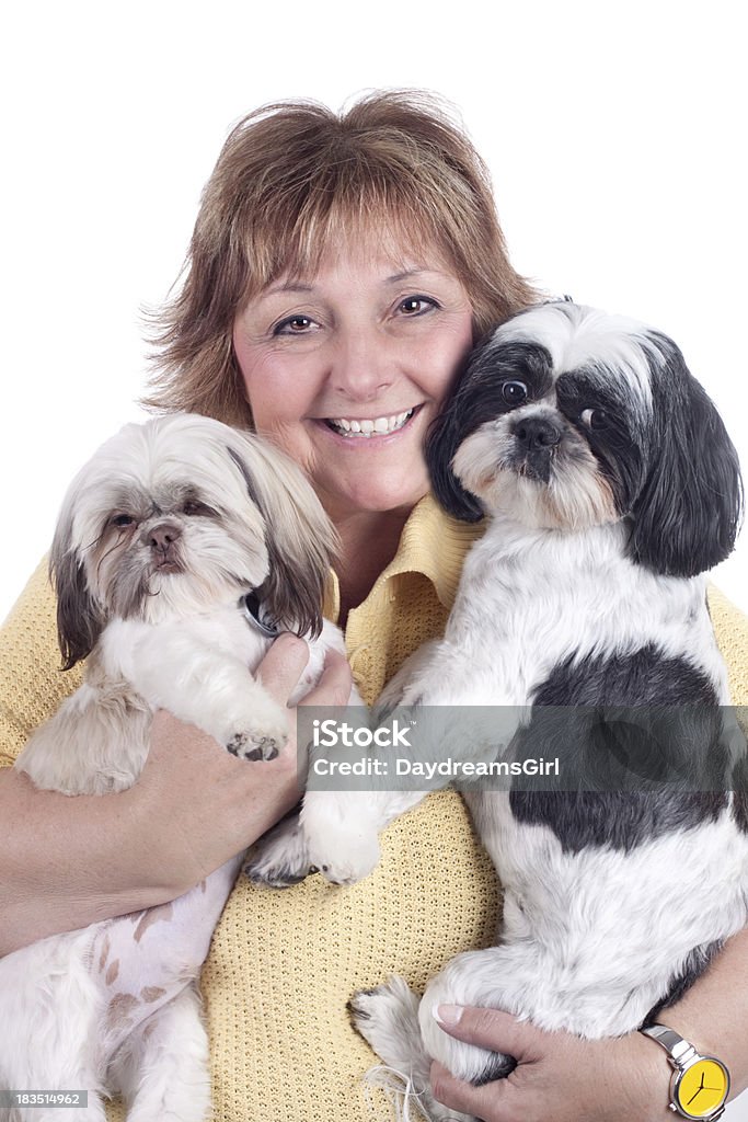 Heureux Mature femme tenant deux animaux de compagnie chiens - Photo de Blanc libre de droits