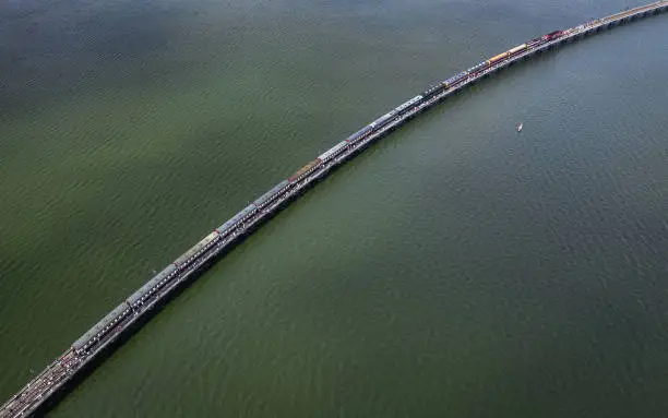 Photo of Aerial view of the floating train in Pasak Chonlasit Dam, Lopburi, Thailand