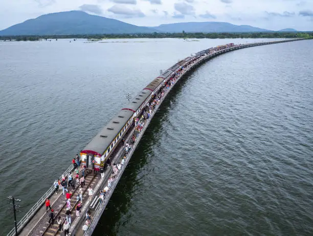 Photo of Aerial view of the floating train in Pasak Chonlasit Dam, Lopburi, Thailand