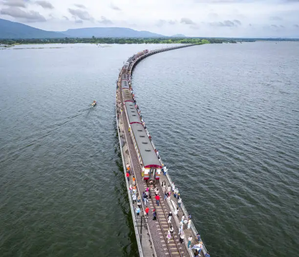 Photo of Aerial view of the floating train in Pasak Chonlasit Dam, Lopburi, Thailand