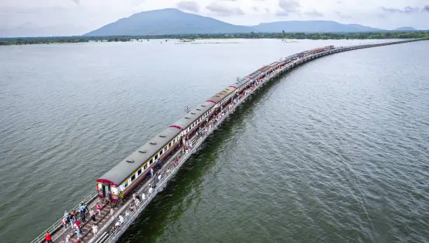 Photo of Aerial view of the floating train in Pasak Chonlasit Dam, Lopburi, Thailand