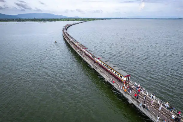 Photo of Aerial view of the floating train in Pasak Chonlasit Dam, Lopburi, Thailand