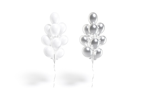 Blank white and silver round balloon bouquet mockup, front view, 3d rendering. Empty latex decorative pillar for garland composition mock up, isolated. Clear glossy inflatable balloons stack template.