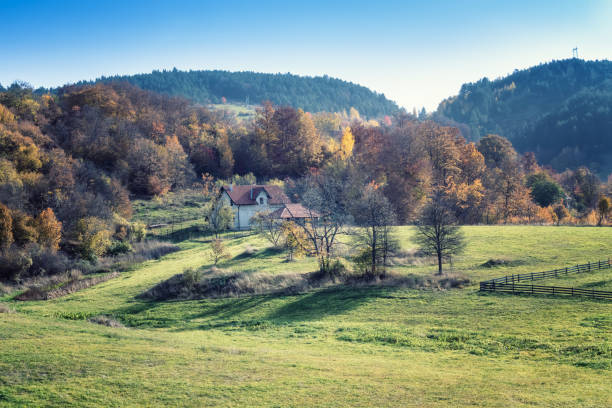 istock Colorful autumn view with a small farm house 1835175248