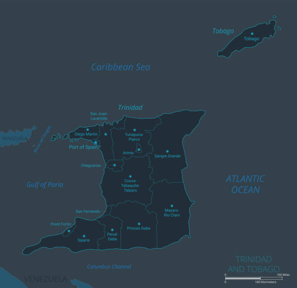 illustrazioni stock, clip art, cartoni animati e icone di tendenza di mappa di trinidad e tobago. mappa vettoriale altamente dettagliata di trinidad e tobago con paesi, nomi di capitali, confini, oggetti d'acqua - trinidad and tobago capital cities port of spain map