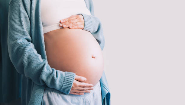 Pregnant woman holds hands on her belly. Pregnancy, maternity, preparation and expectation concept. Beautiful pregnant woman holds hands on her belly. Happy mother waiting for baby birth. Pregnancy, maternity, preparation and expectation concept. female belly button pictures stock pictures, royalty-free photos & images
