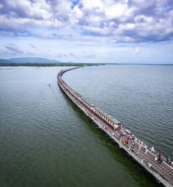 Photo of Aerial view of the floating train in Pasak Chonlasit Dam, Lopburi, Thailand