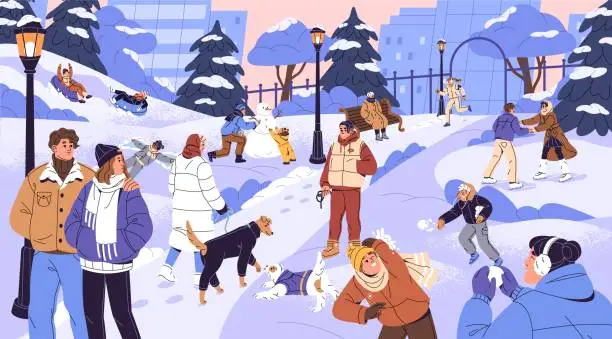 Vector illustration of People doing winter activities in park panoramic view. Kids play snowballs, family builds snowman, couples walking, ice skating. Characters strolling dogs in snow weather. Flat vector illustration