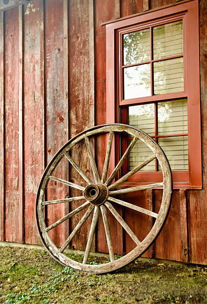 istock Wagon Wheel and Painted Wooden Wall 183521518