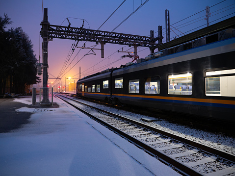 train station winter early morning travel electrified railway electrification