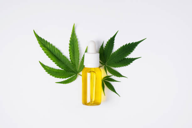 istock Cannabis oil and hemp leaf on white background, flat lay. 1835235472