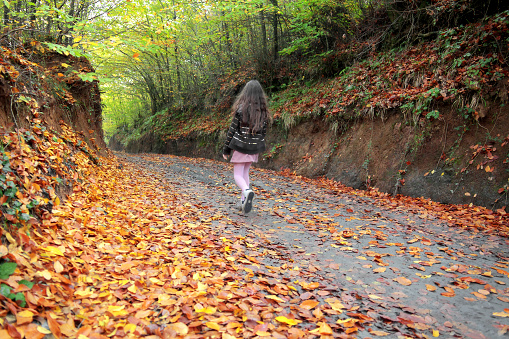 autumn time little girl walking in forest.