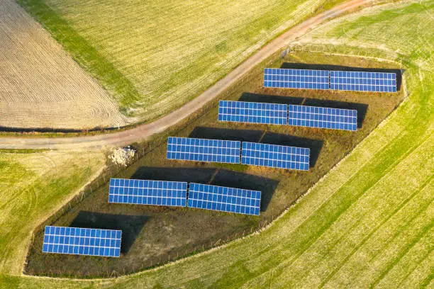 Aerial view of solar panel in the country, Chianti region, Tuscany