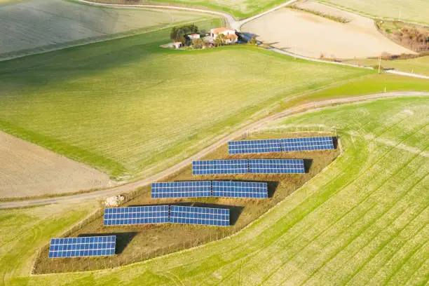 Aerial view of solar panel in the country, Chianti region, Tuscany