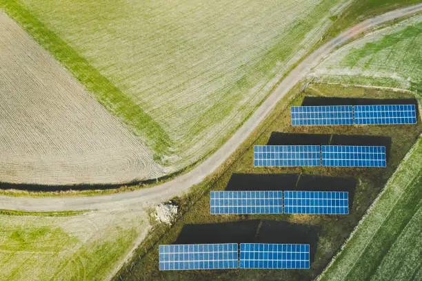 Aerial view of solar panel in the country, Chianti region, Tuscany