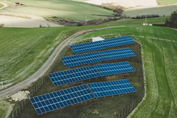 Aerial view of solar panel in the country, Chianti region, Tuscany