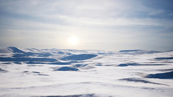 The Arctic desert, covered in the hush of frozen, snow-draped expanses, showcases a serene and unspoiled winter panorama.