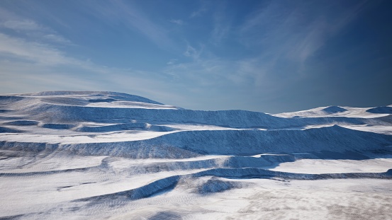 In the Arctic desert, frozen and adorned with snow-covered terrains, a serene wintry scene unfolds with pristine beauty.