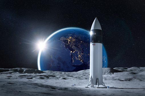 Starship spacecraft on Moon surface with night Earth. Artemis space mission. Elements of this image furnished by NASA.