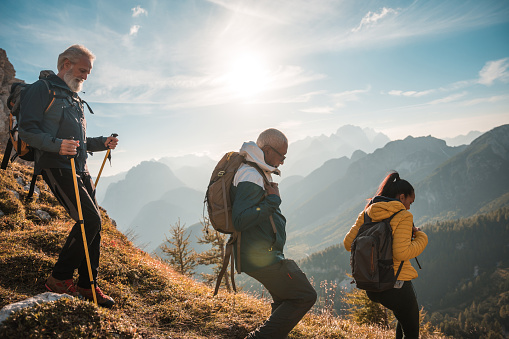 Diverse friends with backpacks and hiking poles have a great time trekking along a mountain ridge, enjoying the stunning view.