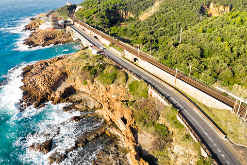 Aerial view of costal road in Tuscany