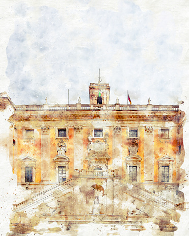 Digital illustration in watercolor style of the historic building of the Palace of Senators and Fountain of the Goddess Roma in Rome next to the Capitoline Square, Italy