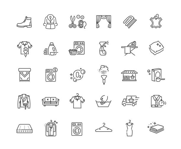 Laundry services related vector line icons Laundry services related vector line icons with ironing, washing machine, dry cleaning, dirty clothing iron steam stock illustrations