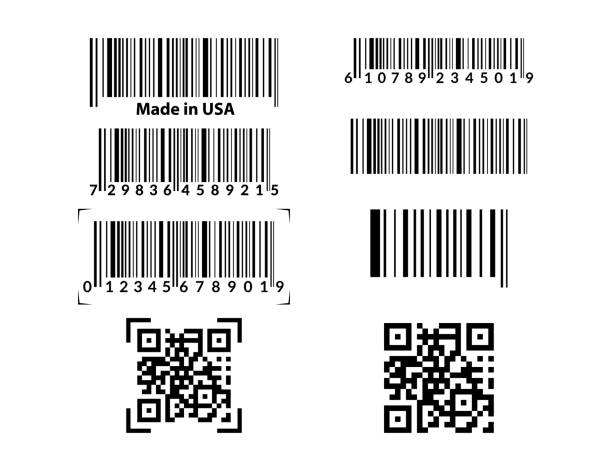 ilustraciones, imágenes clip art, dibujos animados e iconos de stock de conjunto de códigos de barras sobre fondo blanco. - made in the usa label bar code merchandise