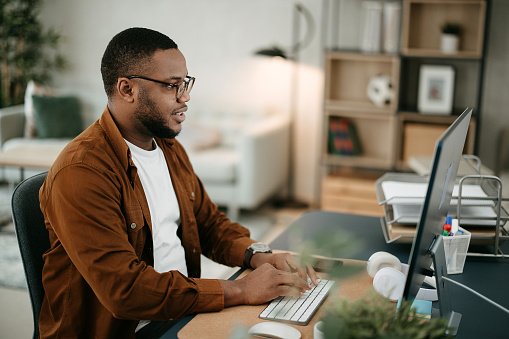 Man Using Computer Stock Photo - Download Image Now - Black People, Men ...
