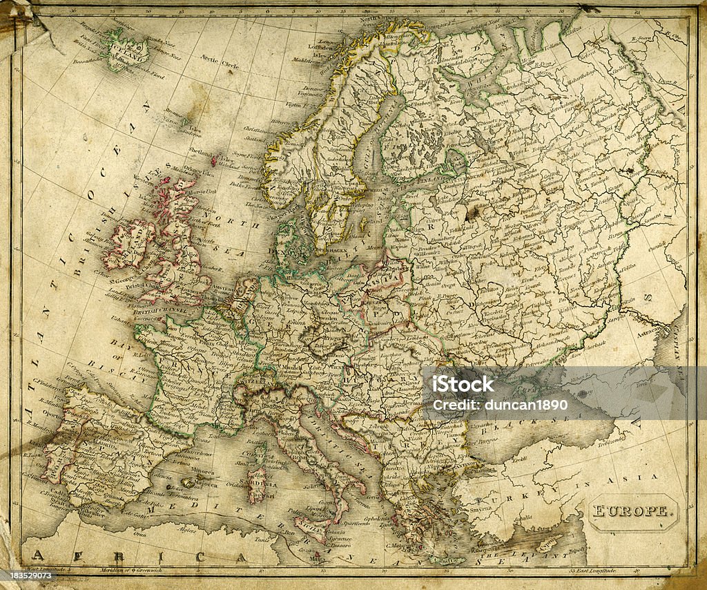 Vintage Map of Europe Grubby Vintage map of Europe from 1837 Map stock illustration