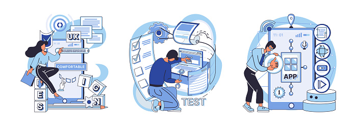 Application testing metaphor. Vector illustration. Software testing, filter that keeps malfunctioning code from entering system Application testing, checkpoint for ensuring user-friendly software