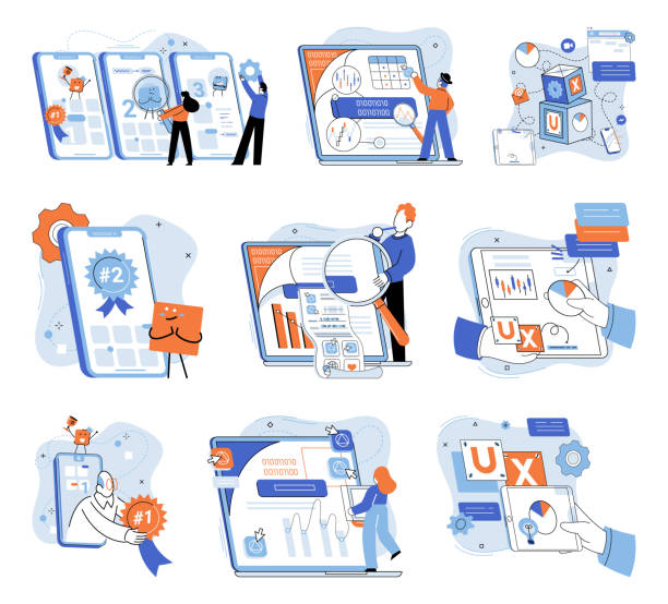 Application testing metaphor. Vector. Software testing, debugging process that enhances code quality Application testing metaphor. Vector illustration. Application testing, refining process that ensures smooth ride for software App test, trial period before app cofficially make its debut Software matrix color chart stock illustrations