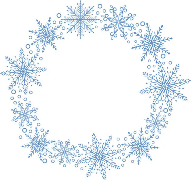Vector illustration of Christmas frame made of blue snowflakes. Vector frame with magical blue snowflakes on a transparent background. Abstract illustration of merry Christmas and New Year holidays.