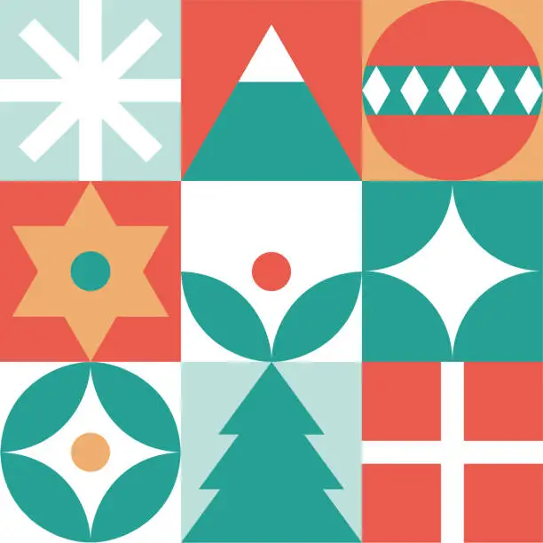 Vector illustration of Bauhaus-Style Christmas pattern - trendy colored mosaic texture. Geometric seamless pattern with winter elements.