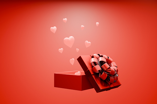 Valentine's day mother's day birthday. Open gift box light heart.3d rendering