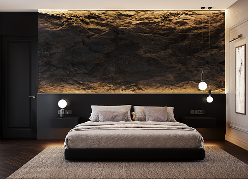 Modern Cozy Bedroom Interior Design. 3D Rendering.
