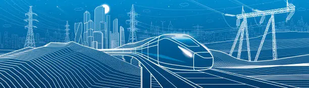 Vector illustration of Modern night town. Train rides. Power lines. City Infrastructure and transport illustration. Urban scene. Vector design art. White outlines on blue background
