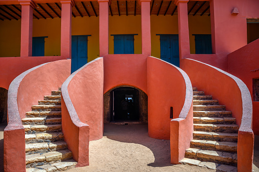 Museum of the Slave House at Goree island near Dakar in Senegal. House of Slaves, marked by its historic facade and twin staircases, stands as a poignant reminder of the Atlantic slave trade.
