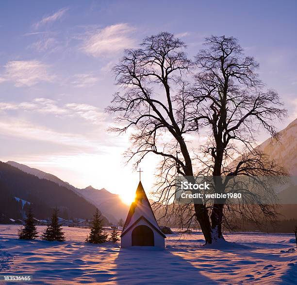 Warm Violet Sun Near Little Church And Tree Stock Photo - Download Image Now - Abandoned, Back Lit, Barren