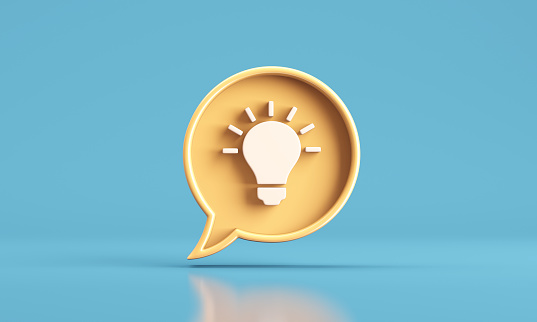 Light bulb Icon on blue background, speech bubble, idea, inspiration, thought concepts. 3d illustration
