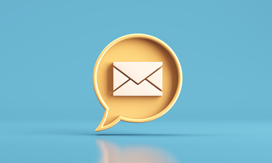 Speech bubble with mail icon on blue background. 3D illustration