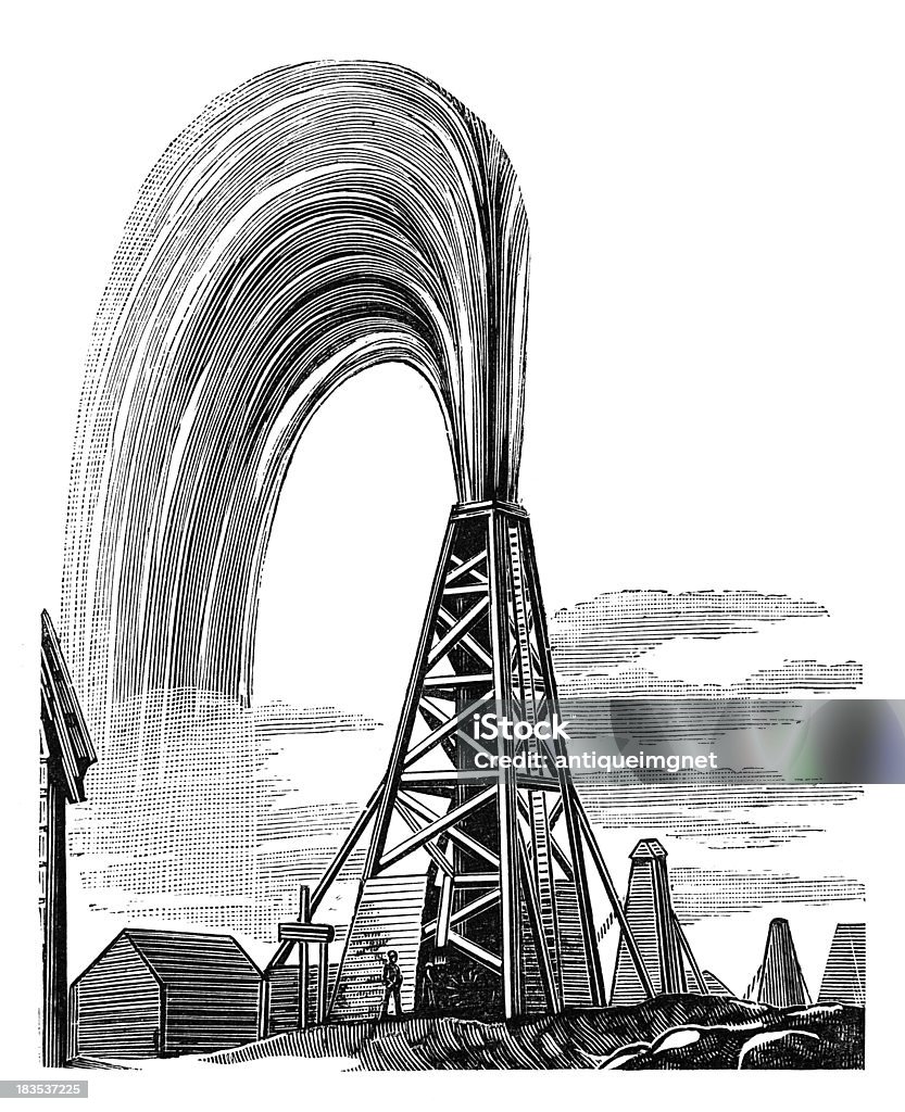 С 19-го века гравировка из нефть Деррик - Стоковые иллюстрации Гравюра роялти-фри