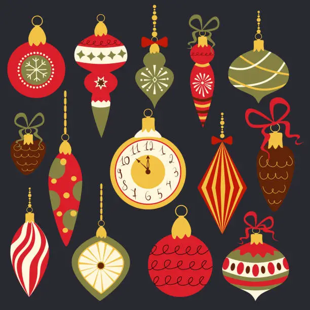 Vector illustration of Vector set of 14 Christmas toys.