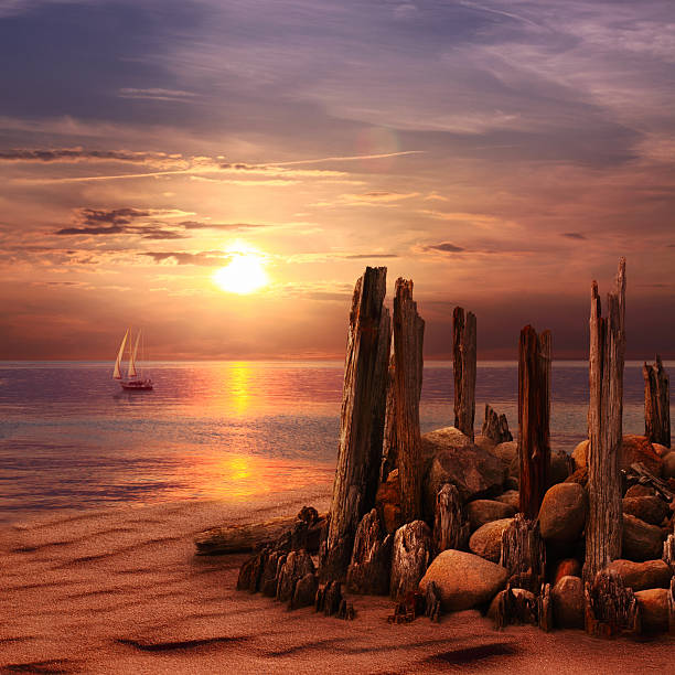 istock Sunset sea landscape with ship 183538776