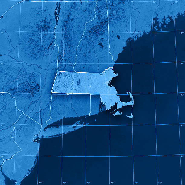 Massachusetts Topographic Map "3D render and image composing: Topographic Map of the U.S. state of Massachusetts. Including state borders, rivers and accurate longitude/latitude lines. High quality relief structure!Relief texture and satellite images courtesy of NASA. Further data source courtesy of CIA World Data Bank II database.Related images:" massachusetts stock pictures, royalty-free photos & images