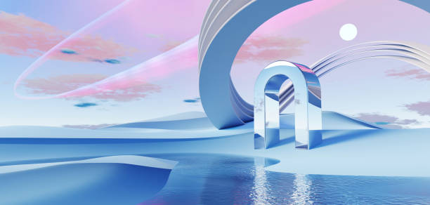 istock 3d Render, Abstract Surreal pastel landscape background with arches and podium for showing product, panoramic view, Colorful dune scene with copy space, blue sky and cloudy, Minimalist decor design 1835400159