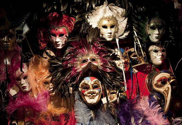 Multi colored masks "Multi colored masks on a Venice street during Carnival, canon eos5dClick for more pics:" italian music stock pictures, royalty-free photos & images