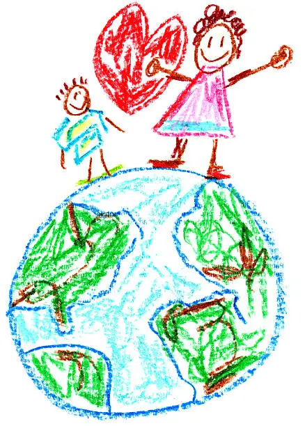 Ecologically-themed kid's drawing depicting two children, a heart and the earth.
